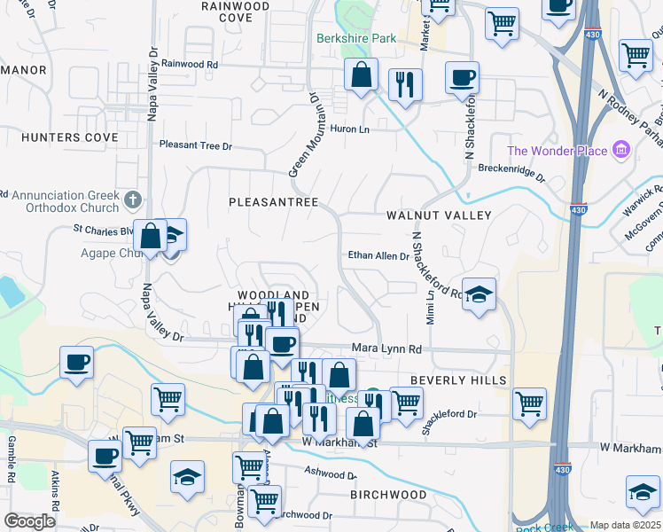 map of restaurants, bars, coffee shops, grocery stores, and more near 7 Woodlore Court in Little Rock