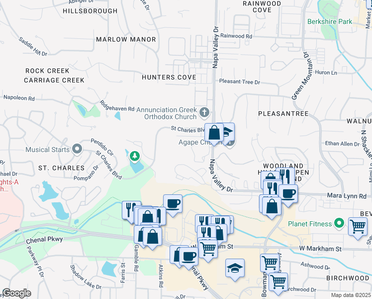 map of restaurants, bars, coffee shops, grocery stores, and more near 800 Napa Valley Drive in Little Rock