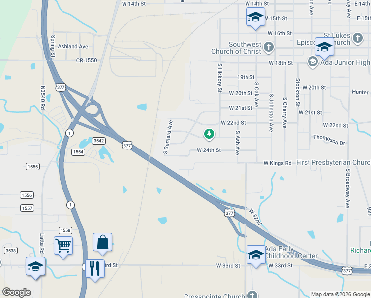map of restaurants, bars, coffee shops, grocery stores, and more near 910 West 24th Street in Ada
