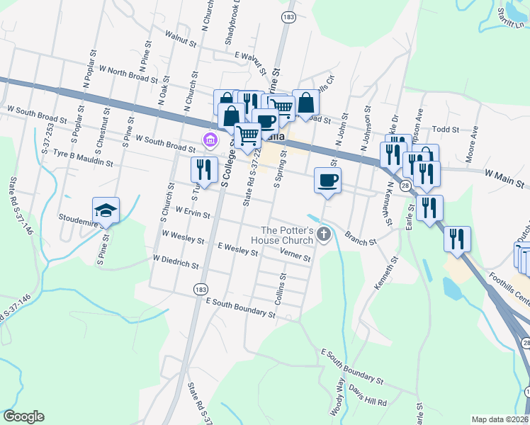 map of restaurants, bars, coffee shops, grocery stores, and more near 304 South Spring Street in Walhalla