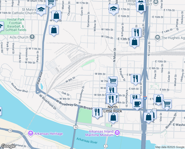 map of restaurants, bars, coffee shops, grocery stores, and more near 720 West 8th Street in North Little Rock