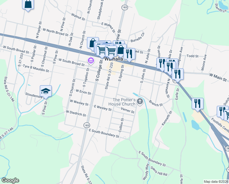 map of restaurants, bars, coffee shops, grocery stores, and more near 304 South Spring Street in Walhalla