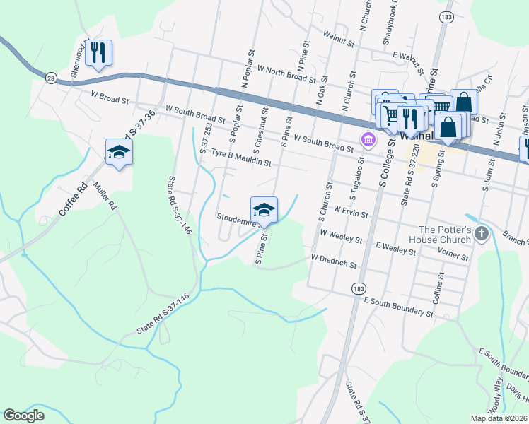 map of restaurants, bars, coffee shops, grocery stores, and more near 321 South Pine Street in Walhalla