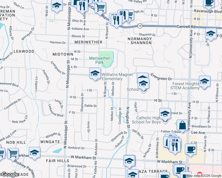 map of restaurants, bars, coffee shops, grocery stores, and more near 1000 Mellon Street in Little Rock