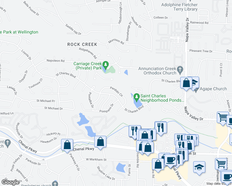map of restaurants, bars, coffee shops, grocery stores, and more near 21 Perdido Circle in Little Rock