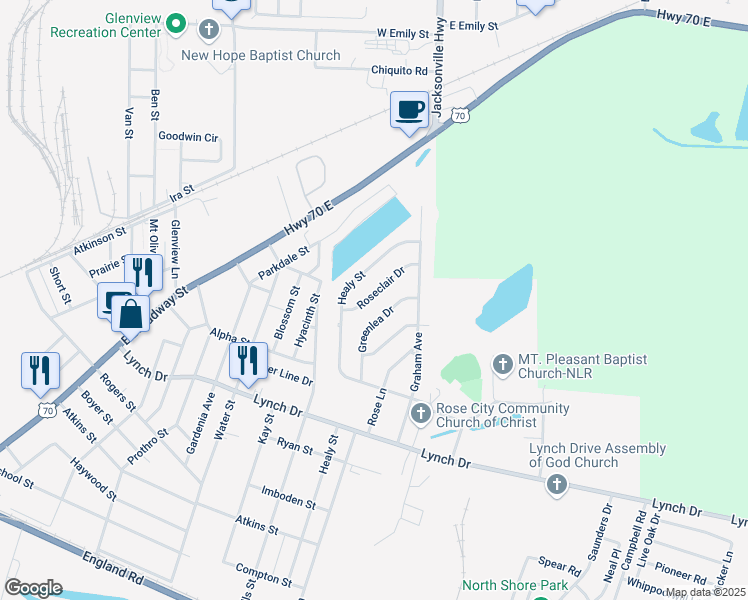 map of restaurants, bars, coffee shops, grocery stores, and more near 932 Roseclair Drive in North Little Rock