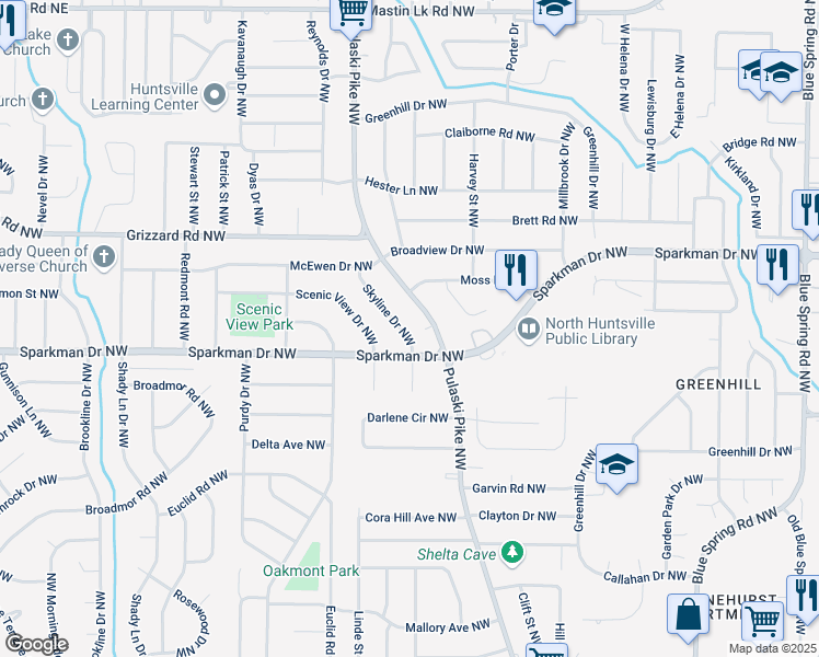 map of restaurants, bars, coffee shops, grocery stores, and more near 2606 Skyline Drive Northwest in Huntsville