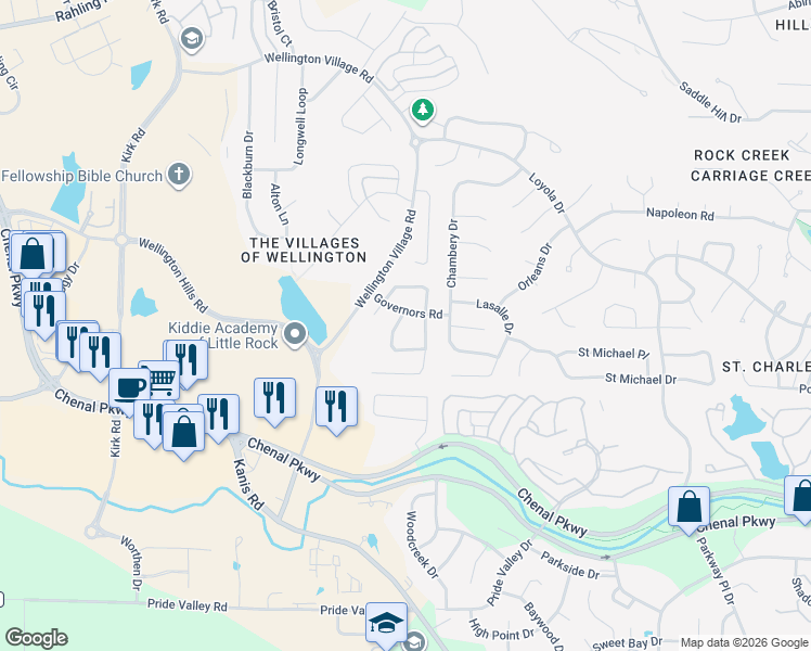 map of restaurants, bars, coffee shops, grocery stores, and more near 15010 Lamplight Way in Little Rock