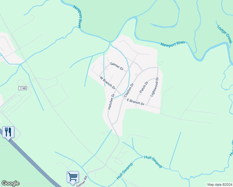 map of restaurants, bars, coffee shops, grocery stores, and more near 502 East Branch Drive in Newport