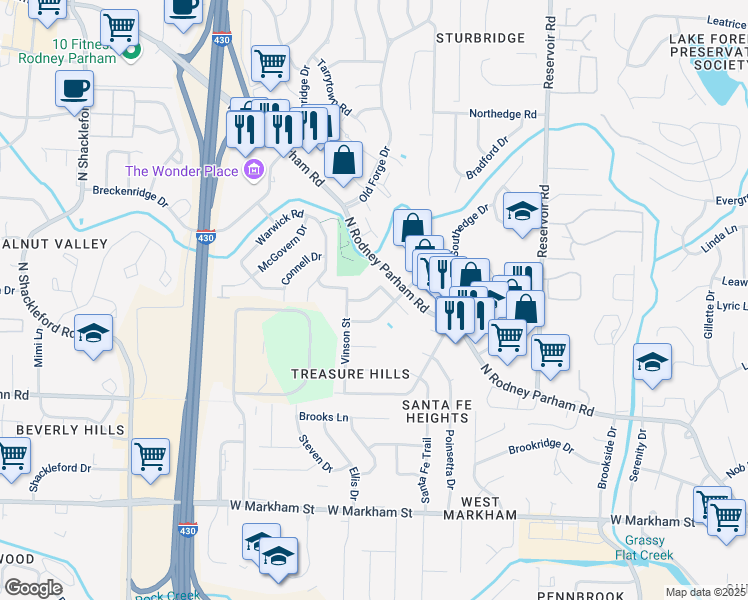 map of restaurants, bars, coffee shops, grocery stores, and more near 19 Overby Circle in Little Rock