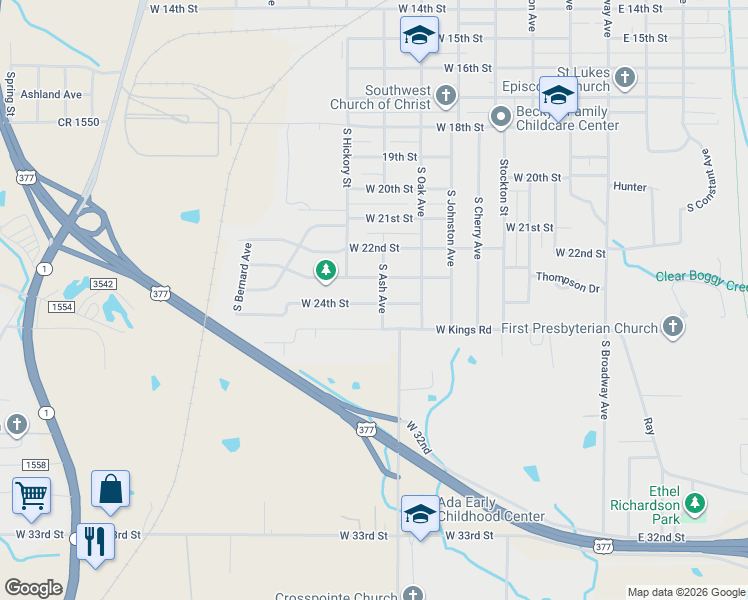 map of restaurants, bars, coffee shops, grocery stores, and more near 1321 South Ash Avenue in Ada