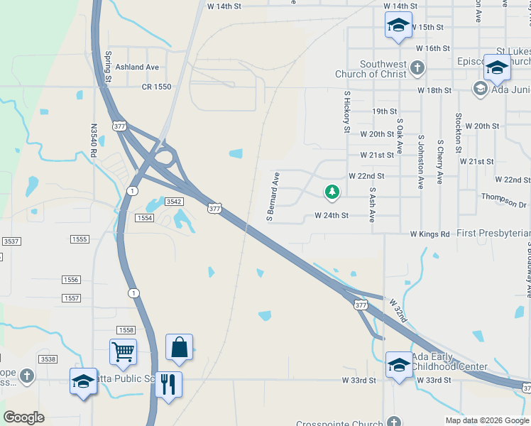 map of restaurants, bars, coffee shops, grocery stores, and more near 1309 South Bernard Avenue in Ada