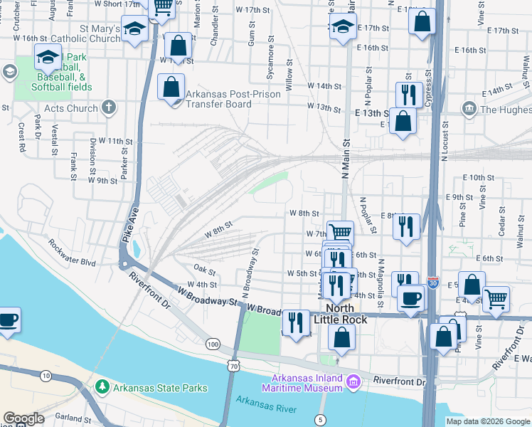 map of restaurants, bars, coffee shops, grocery stores, and more near 501 West 8th Street in North Little Rock