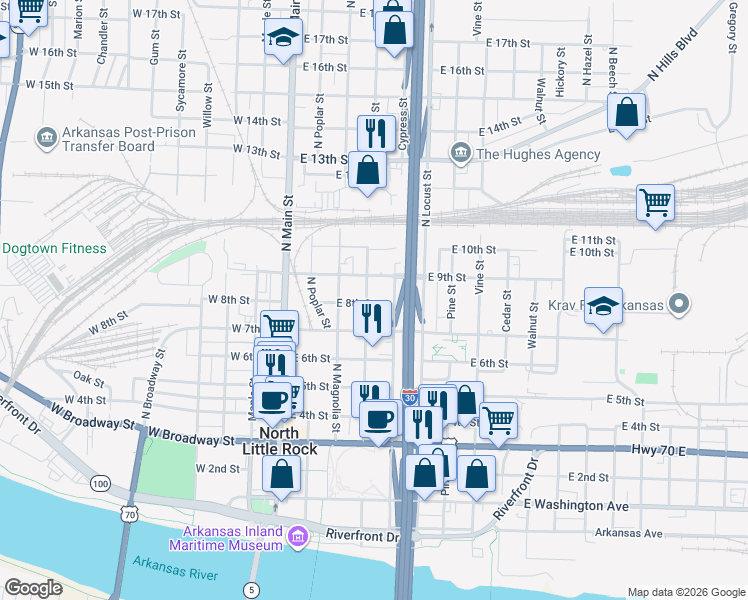 map of restaurants, bars, coffee shops, grocery stores, and more near 411 East 8th Street in North Little Rock