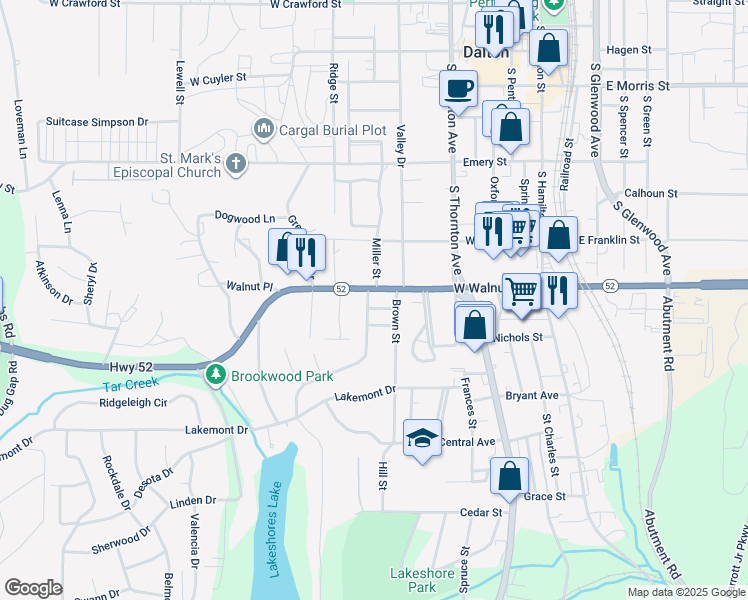 map of restaurants, bars, coffee shops, grocery stores, and more near 607 West Walnut Avenue in Dalton