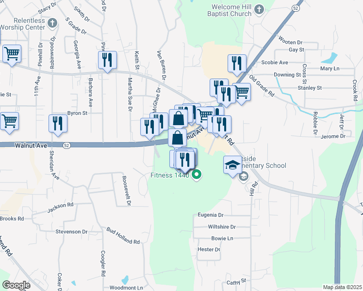 map of restaurants, bars, coffee shops, grocery stores, and more near 819 East Walnut Avenue in Dalton