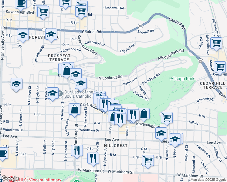 map of restaurants, bars, coffee shops, grocery stores, and more near 1019 North Palm Street in Little Rock