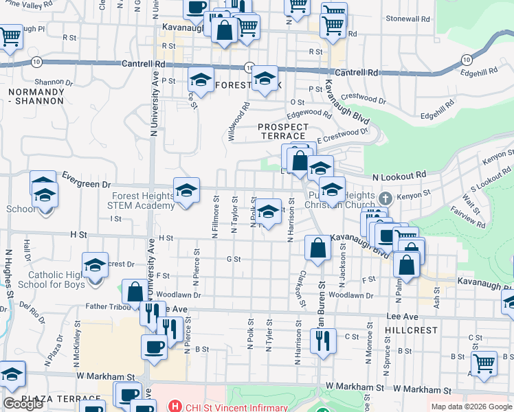 map of restaurants, bars, coffee shops, grocery stores, and more near 1101 North Polk Street in Little Rock