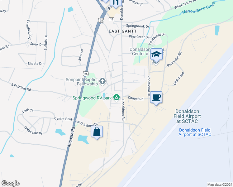 map of restaurants, bars, coffee shops, grocery stores, and more near 24 Ace Drive in Greenville
