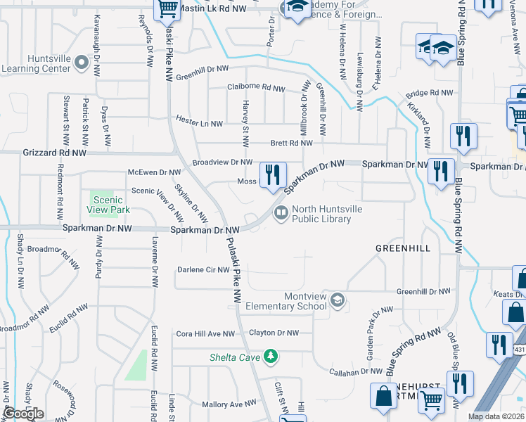 map of restaurants, bars, coffee shops, grocery stores, and more near 3014 Sparkman Drive Northwest in Huntsville