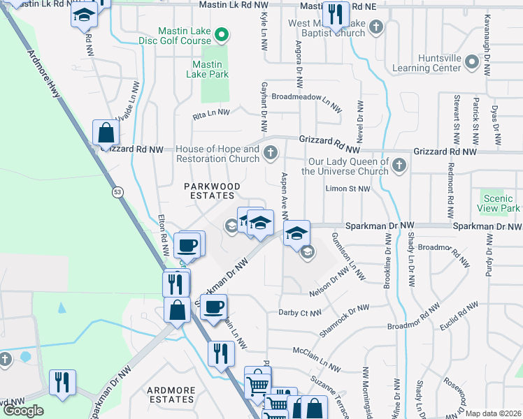 map of restaurants, bars, coffee shops, grocery stores, and more near 2611 Trail Ridge Road Northwest in Huntsville