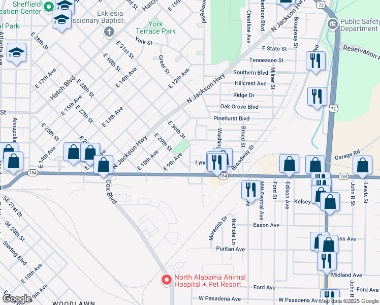 map of restaurants, bars, coffee shops, grocery stores, and more near 2900-2970 East 9th Avenue in Sheffield