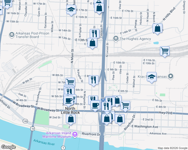 map of restaurants, bars, coffee shops, grocery stores, and more near 411 East 8th Street in North Little Rock