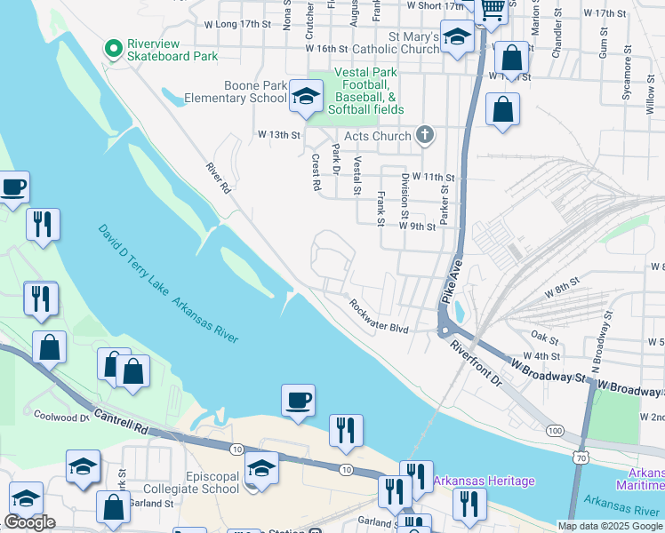 map of restaurants, bars, coffee shops, grocery stores, and more near 1601 Rockwater Boulevard in North Little Rock