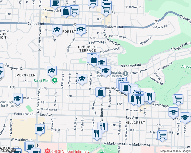 map of restaurants, bars, coffee shops, grocery stores, and more near 3417 Kavanaugh Boulevard in Little Rock