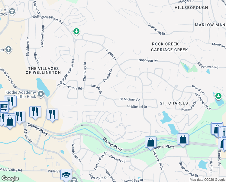 map of restaurants, bars, coffee shops, grocery stores, and more near 6 Petress Court in Little Rock