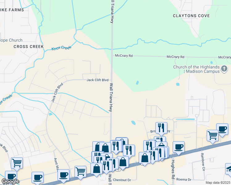 map of restaurants, bars, coffee shops, grocery stores, and more near 6167 Wall Triana Highway in Madison
