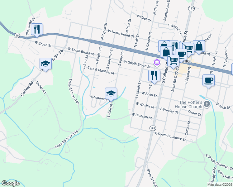 map of restaurants, bars, coffee shops, grocery stores, and more near 321 South Pine Street in Walhalla