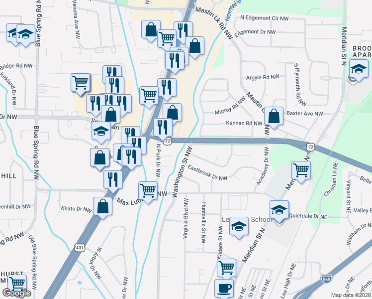 map of restaurants, bars, coffee shops, grocery stores, and more near 2811 Washington Street Northwest in Huntsville