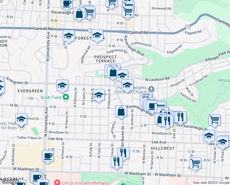 map of restaurants, bars, coffee shops, grocery stores, and more near 3417 Kavanaugh Boulevard in Little Rock