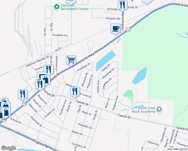map of restaurants, bars, coffee shops, grocery stores, and more near 725 Hyacinth Street in North Little Rock