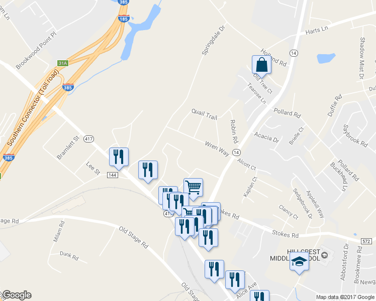 map of restaurants, bars, coffee shops, grocery stores, and more near 225 Douglas Drive in Simpsonville