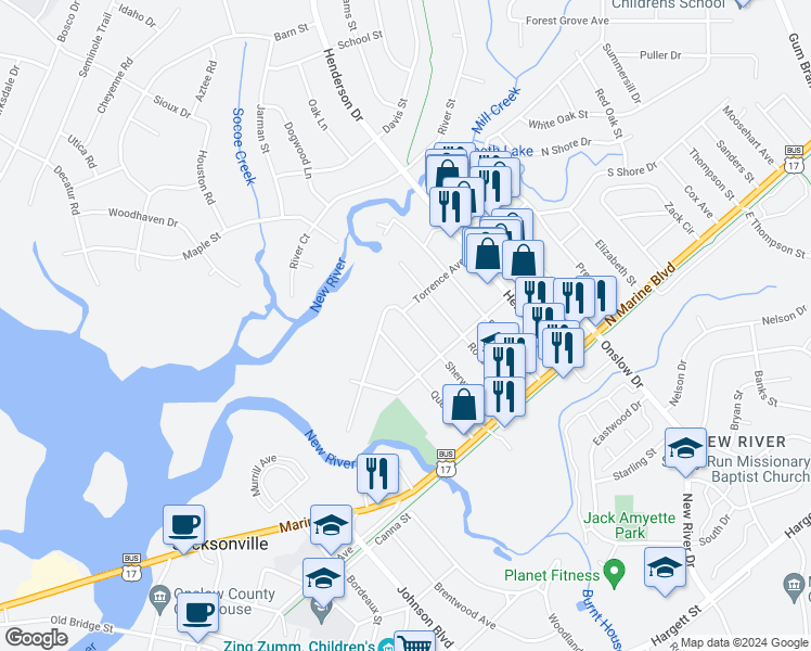 map of restaurants, bars, coffee shops, grocery stores, and more near 215 Sherwood Road in Jacksonville