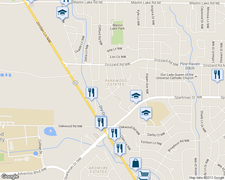 map of restaurants, bars, coffee shops, grocery stores, and more near 2619 Dry Creek Drive Northwest in Huntsville