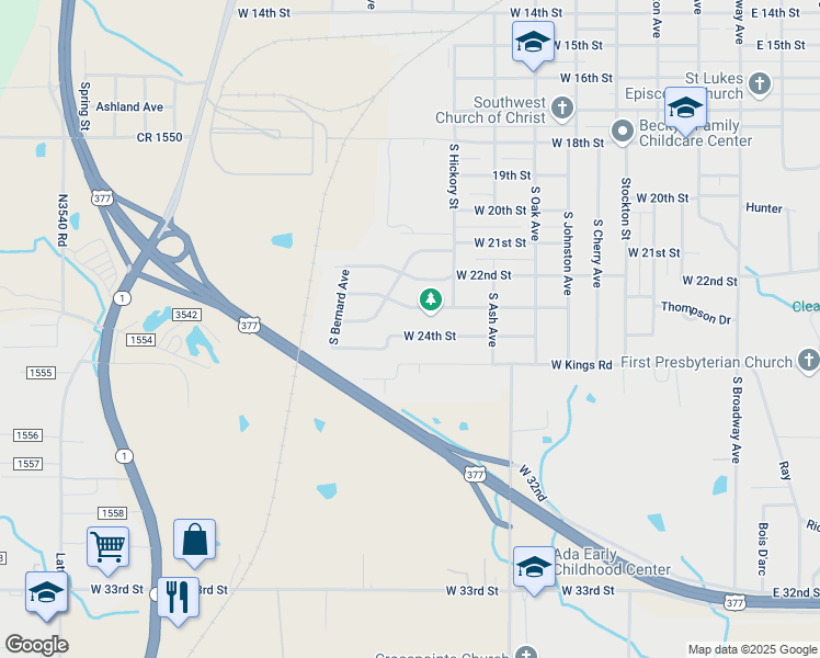 map of restaurants, bars, coffee shops, grocery stores, and more near 824 West 24th Street in Ada