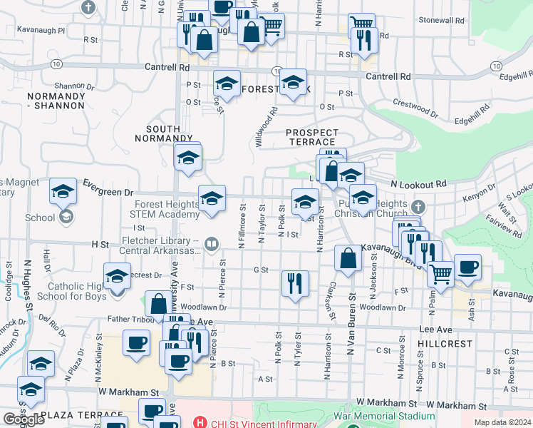 map of restaurants, bars, coffee shops, grocery stores, and more near 1101 North Taylor Street in Little Rock