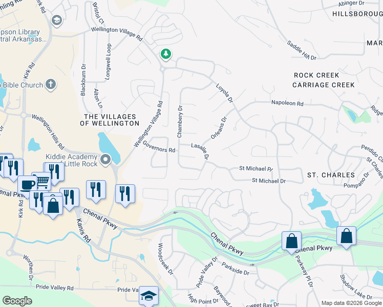 map of restaurants, bars, coffee shops, grocery stores, and more near 10 Rosier Court in Little Rock
