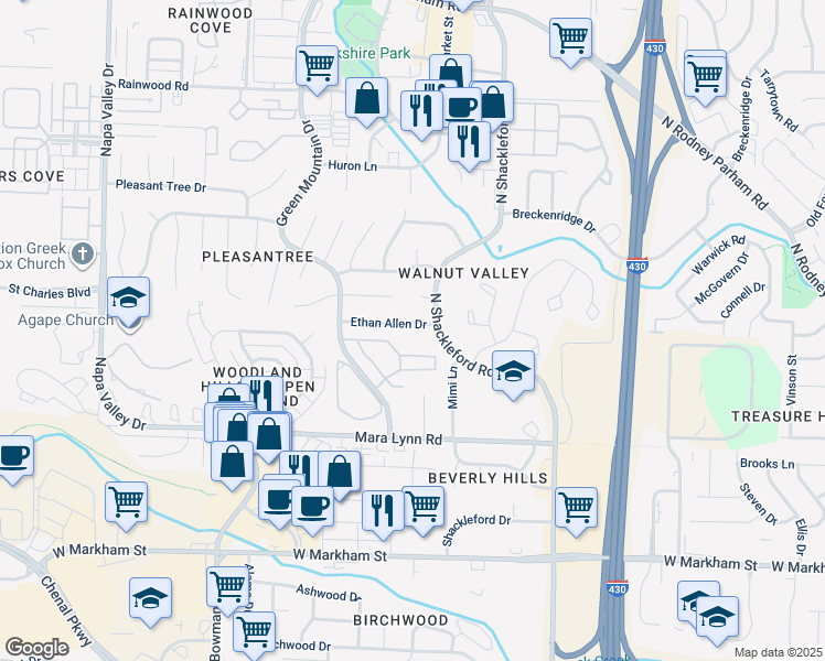 map of restaurants, bars, coffee shops, grocery stores, and more near 11301 Ethan Allen Drive in Little Rock