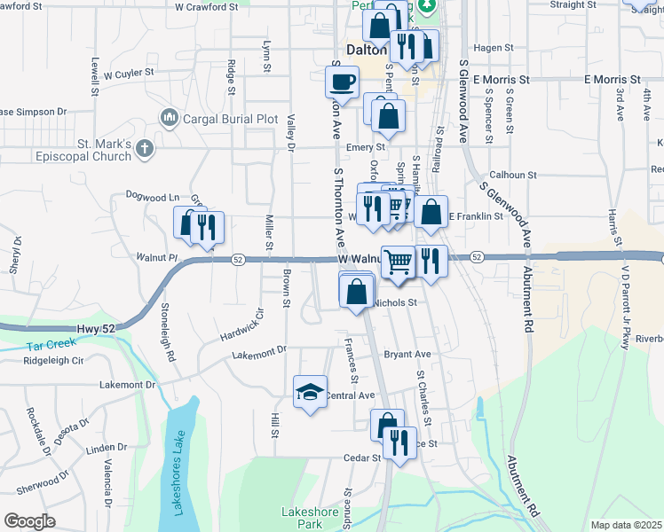 map of restaurants, bars, coffee shops, grocery stores, and more near 802 Thornton Place in Dalton