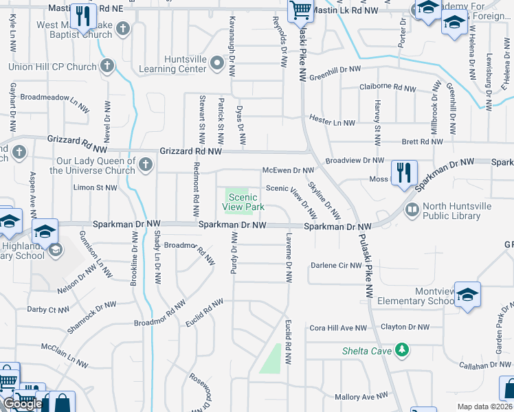 map of restaurants, bars, coffee shops, grocery stores, and more near 2609 Laverne Drive Northwest in Huntsville
