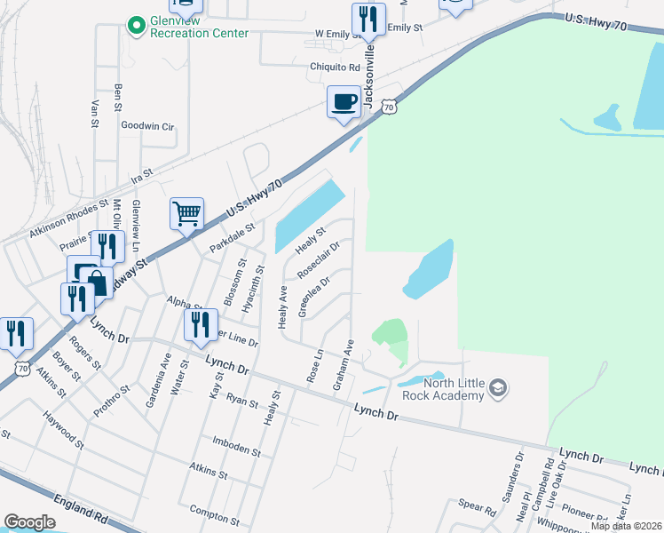 map of restaurants, bars, coffee shops, grocery stores, and more near 909 Graham Avenue in North Little Rock