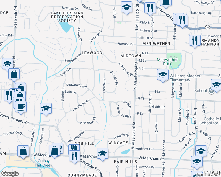 map of restaurants, bars, coffee shops, grocery stores, and more near 1007 Loretta Lane in Little Rock