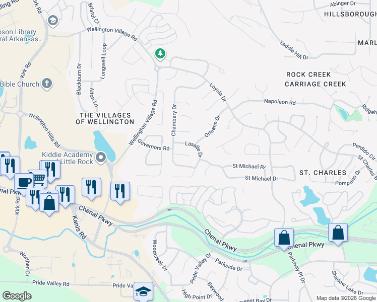 map of restaurants, bars, coffee shops, grocery stores, and more near 10 Rosier Court in Little Rock