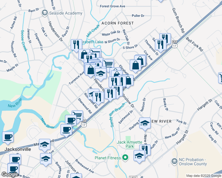 map of restaurants, bars, coffee shops, grocery stores, and more near 603 North Marine Boulevard in Jacksonville