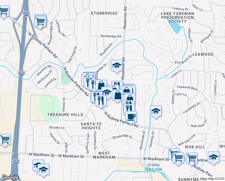 map of restaurants, bars, coffee shops, grocery stores, and more near 8 Towne Park Court in Little Rock