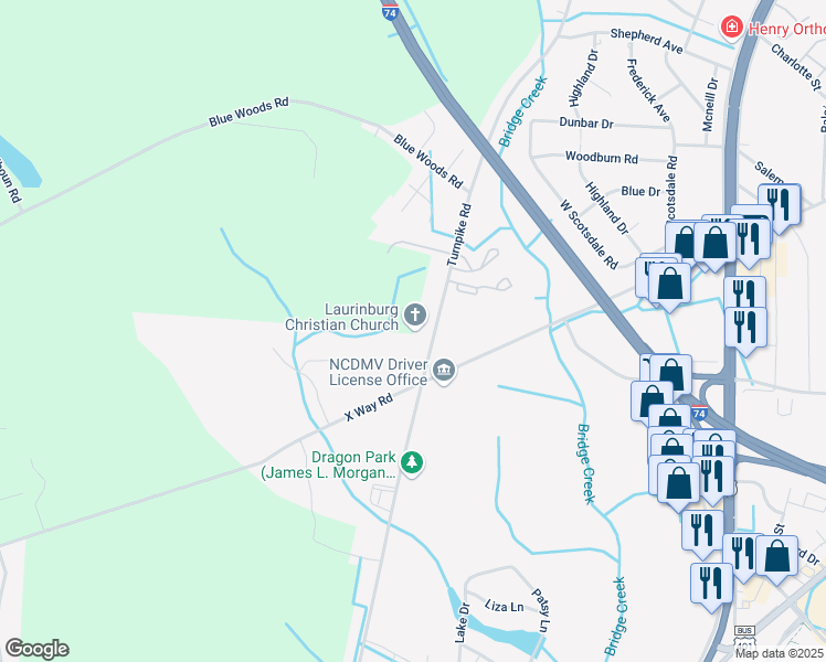 map of restaurants, bars, coffee shops, grocery stores, and more near 1111 Turnpike Road in Laurinburg